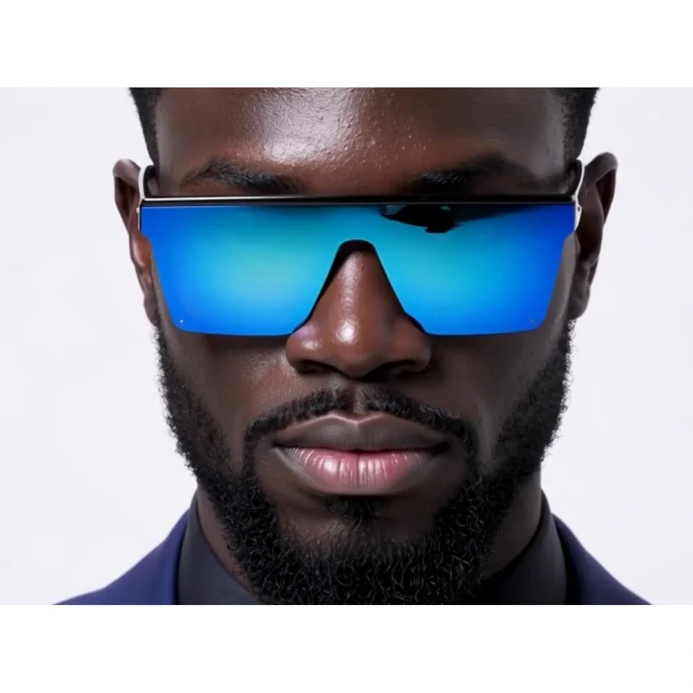 Shield Sunglasses Flat Top Oversized Blue Mirrored Lens Fashion Sunglasses Gafas